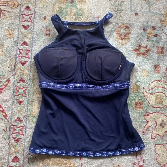 Athleta Tangier High Neck Tankini Top 34D /DD Blue Open Back Underwire - Picture 8 of 9
